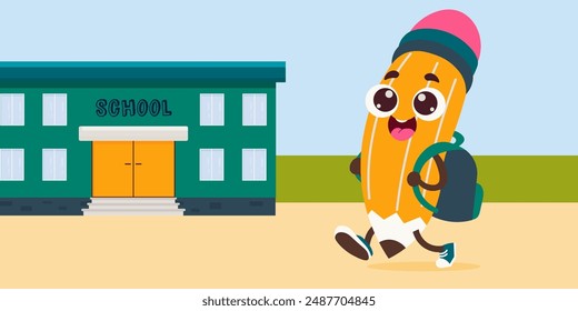 childrens school . back to school. cute pencil groovy. vector poster