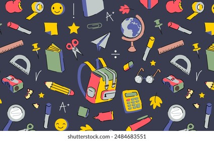 Children's School. Back to School pattern. School Vector wallpaper. Colourful Stationery Supplies background.  