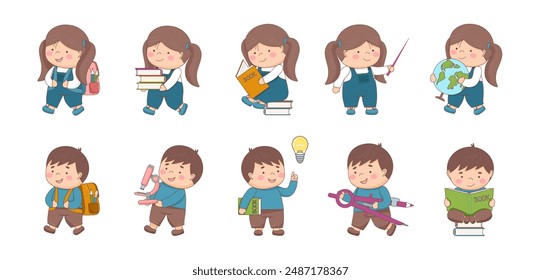 Childrens school collection. Childrens school characters. Set of children with school elements. Back to school concept.