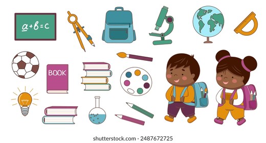 Colección escolar para niños. Elementos escolares para niños. Concepto de regreso a la escuela. Suministros para niños lindos.