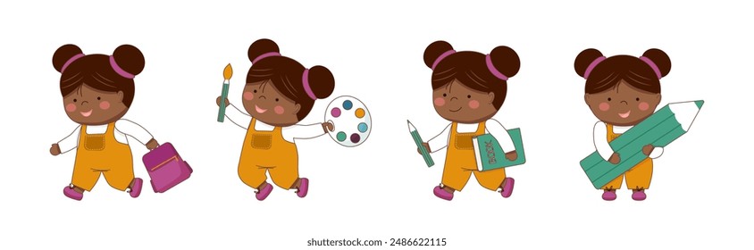 Childrens school collection. Set of black skin schoolgirls with school elements isolated on white. Back to school concept. Children supplies cute.	