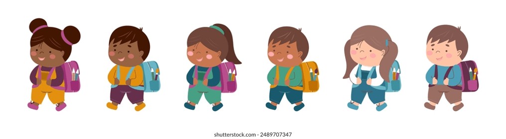 Childrens school collection. Set of school children with backpacks isolated on white. Back to school concept. Education concept.