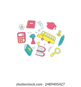 Childrens school doodle banner template. Education stationery supplies, school building, globe, books and other student accessory icons.