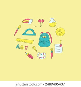 Childrens school doodle banner template. Education stationery supplies, school building, globe, books and other student accessory icons.