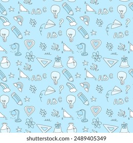 Childrens school doodle elements background. Education stationery supplies, building, globe, books and other student accessory seamless pattern.