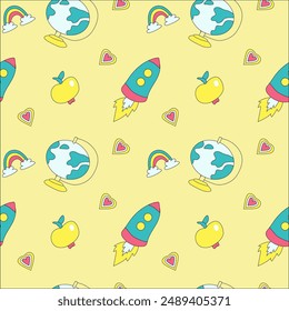 Childrens school doodle elements background. Education stationery supplies, building, globe, books and other student accessory seamless pattern.