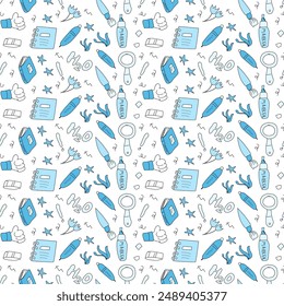 Childrens school doodle elements background. Education stationery supplies, building, globe, books and other student accessory seamless pattern.