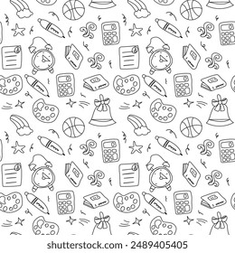 Childrens school doodle elements background. Education stationery supplies, building, globe, books and other student accessory seamless pattern.
