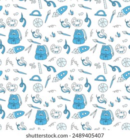 Childrens school doodle elements background. Education stationery supplies, building, globe, books and other student accessory seamless pattern.