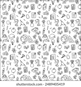 Childrens school doodle elements background. Education stationery supplies, building, globe, books and other student accessory seamless pattern.