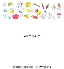 Childrens school doodle elements banner. Education stationery supplies, building, globe, books and other student accessory icons. Back to school background.