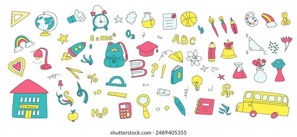 Childrens school doodle elements set. Education stationery supplies, school building, globe, books and other student accessory icons.