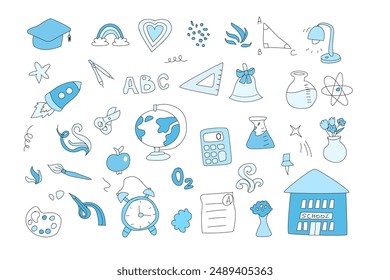 Childrens school doodle elements set. Education stationery supplies, school building, globe, books and other student accessory icons.