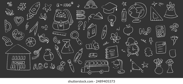 Childrens school doodle elements set. Education stationery supplies, school building, globe, books and other student accessory icons on black background.