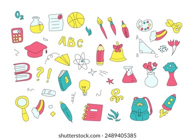 Childrens school doodle elements set. Education stationery supplies, school building, globe, books and other student accessory icons.