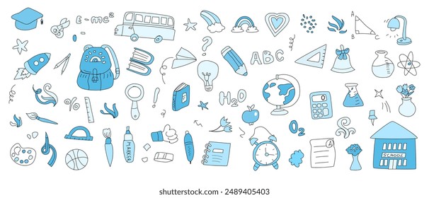 Childrens school doodle elements set. Education stationery supplies, school building, globe, books and other student accessory icons.