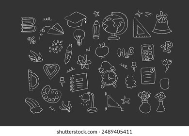 Childrens school doodle elements set. Education stationery supplies, school building, globe, books and other student accessory icons on black background.