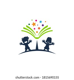 Children's School Education Logo Template. Playful Modern Kids Educational Logo Design With Boy, Girl, Book And Stars Shape