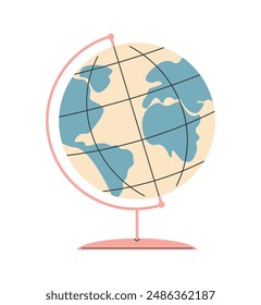 Children`s school element. Globe on stand. School map Earth. Planet Earth. Education or travel concept. Item for education. Globus cartoon style. Flat vector illustration on white isolated background.