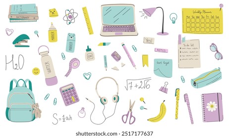 Children's school elements. Big set of school and office supplies. Accessories for study and creativity. Flat design hand drawn style vector illustration.
