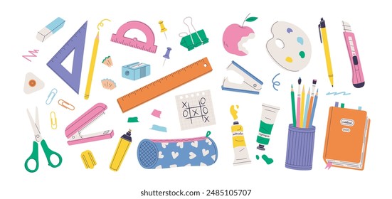 Childrens school elements. Kid school items. Back to school concept. Student supplies