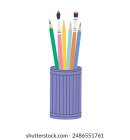 Childrens school elements. Student supplies. Glass with brushes and pencils