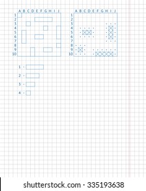 Children's school game sea battle. Drawing on a school notebook sheet. Naval battle board game on paper.