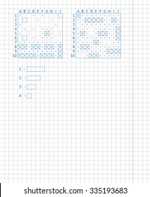 Children's school game sea battle. Drawing on a school notebook sheet. Naval battle board game on paper.