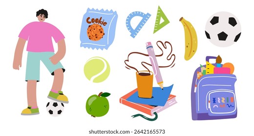 Children's school hobbies and activities. School supplies vector icons collection. Kids flat cartoon characters. Drawing, football, skateboarding, badminton. Daily children's chores
