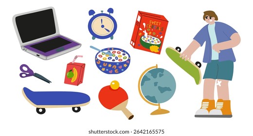 Children's school hobbies and activities. School supplies vector icons collection. Kids flat cartoon characters. Drawing, football, skateboarding, badminton. Daily children's chores