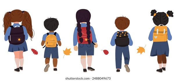 Ilustración vectorial Horizontal de la escuela infantil. Volver a ver alumnos en uniforme yendo a la escuela 