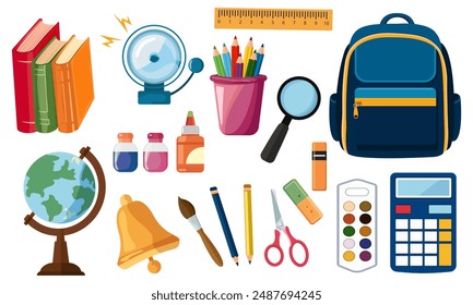 Children's school items, stationery, vector flat collection. Backpack, stationery, textbooks and notebooks, globe, pencils. White background.