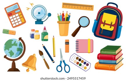 Children's school items, stationery, vector flat collection. Backpack, stationery, textbooks and notebooks, globe, pencils. White background.