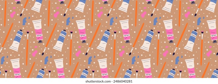 Childrens school pattern. Watercolor paints with brushes background. Back to school ornament. Artist's tools