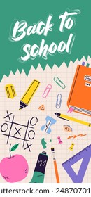 Childrens school poster. Back to school banner. Students supplies