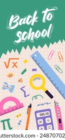 Childrens school poster. Back to school. Education elements postcard.