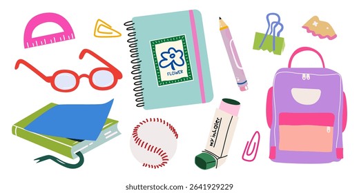 Children's school retro groovy elements. Backpack, stationery, textbooks and notebooks, glasses, ruler. Bundle of accessories for lessons, items for education. Back to school stickers collection
