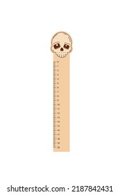 Children's school ruler with a cute skull on a white background. Office supplies