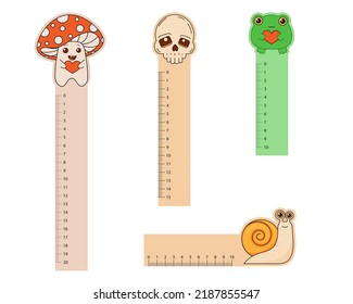 Children's school rulers with characters on a white background. Office supplies
