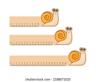 Children's school rulers with a snail of different lengths on a white background. Office supplies