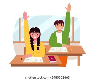 Childrens School. Schoolboy and Schoolgirl Characters Stretches Hand In Class It To Answer A Question. Student in School Classroom. Back to School Vector Illustration.