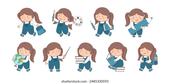 Childrens school. Set of schoolgirls with school elements isolated on white. Back to school concept. Children supplies cute.