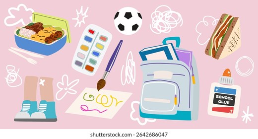 Children's school stationery and snacks. Back to school concept. Cartoon retro groovy school stickers. Lunchbox, sandwich, backpack, doodles, everything for creativity