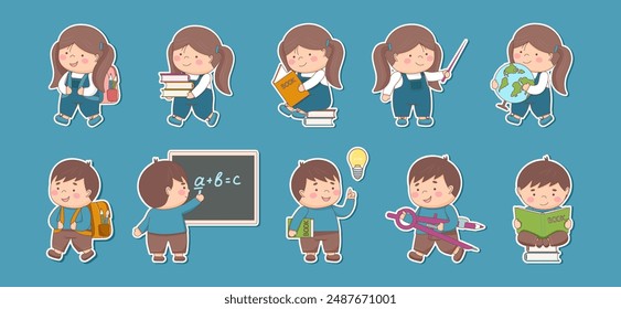 Childrens school stickers. Childrens school characters. Set of children with school elements isolated on blue. Back to school concept.