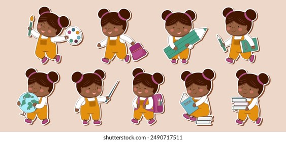 Childrens school stickers. Childrens school characters. Set of black skin girls with school elements. Back to school concept.