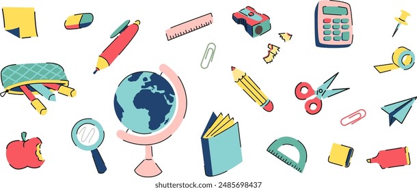 Children's School Supplies. Back to School pattern. School Vector wallpaper. Colourful Stationery Supplies background.  