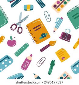 Childrens school. School supplies pattern. Back to school concept. Seamless pattern of school elements.