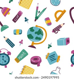 Childrens school. School supplies pattern. Back to school concept. Seamless pattern of school elements.