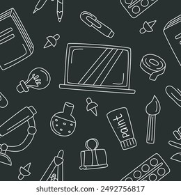 Childrens school. School supplies pattern doodle. Back to school concept. Seamless pattern of school elements.
