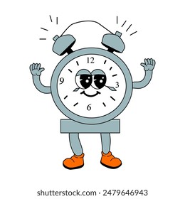 Suministros escolares para niños - reloj despertador de dibujos animados en estilo retro groovy. Mascota divertida para la educación Anuncio de vuelta a la escuela, diseño de portada, póster o pegatina.